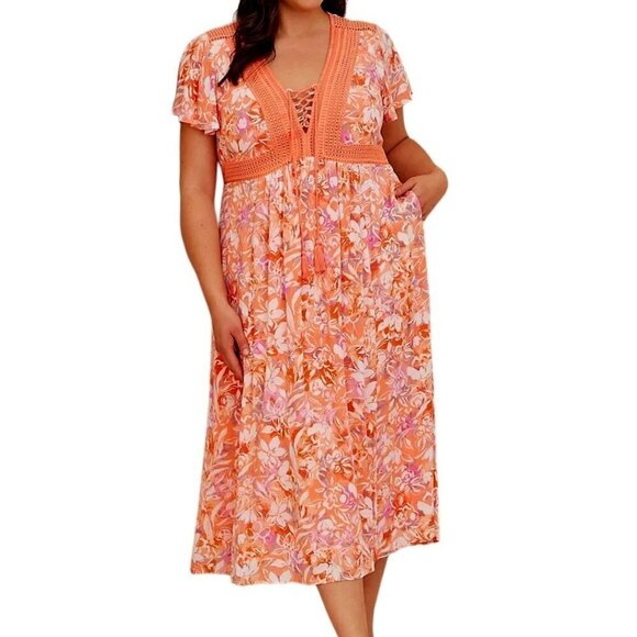 Torrid Lace Up Crinkle Gauze Floral Tea Length Dress 1X - Picture 1 of 7
